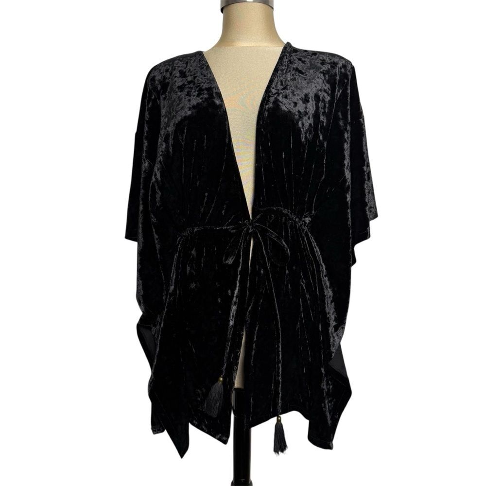 Lyssé Black Crushed Velvet Kimono Tassel Tie Wrap Boho Top M